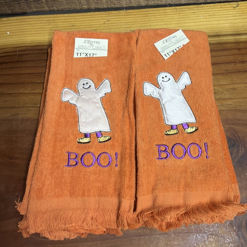 Set Of 4 Orange Halloween Towels Ghost Boo JCPenney 11x17 New